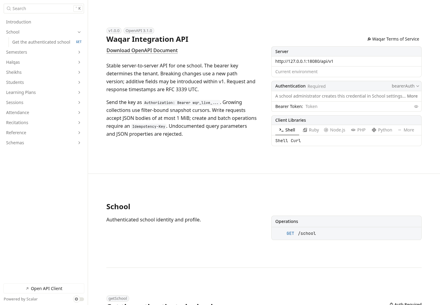 Waqar versioned API documentation with grouped read and write operations