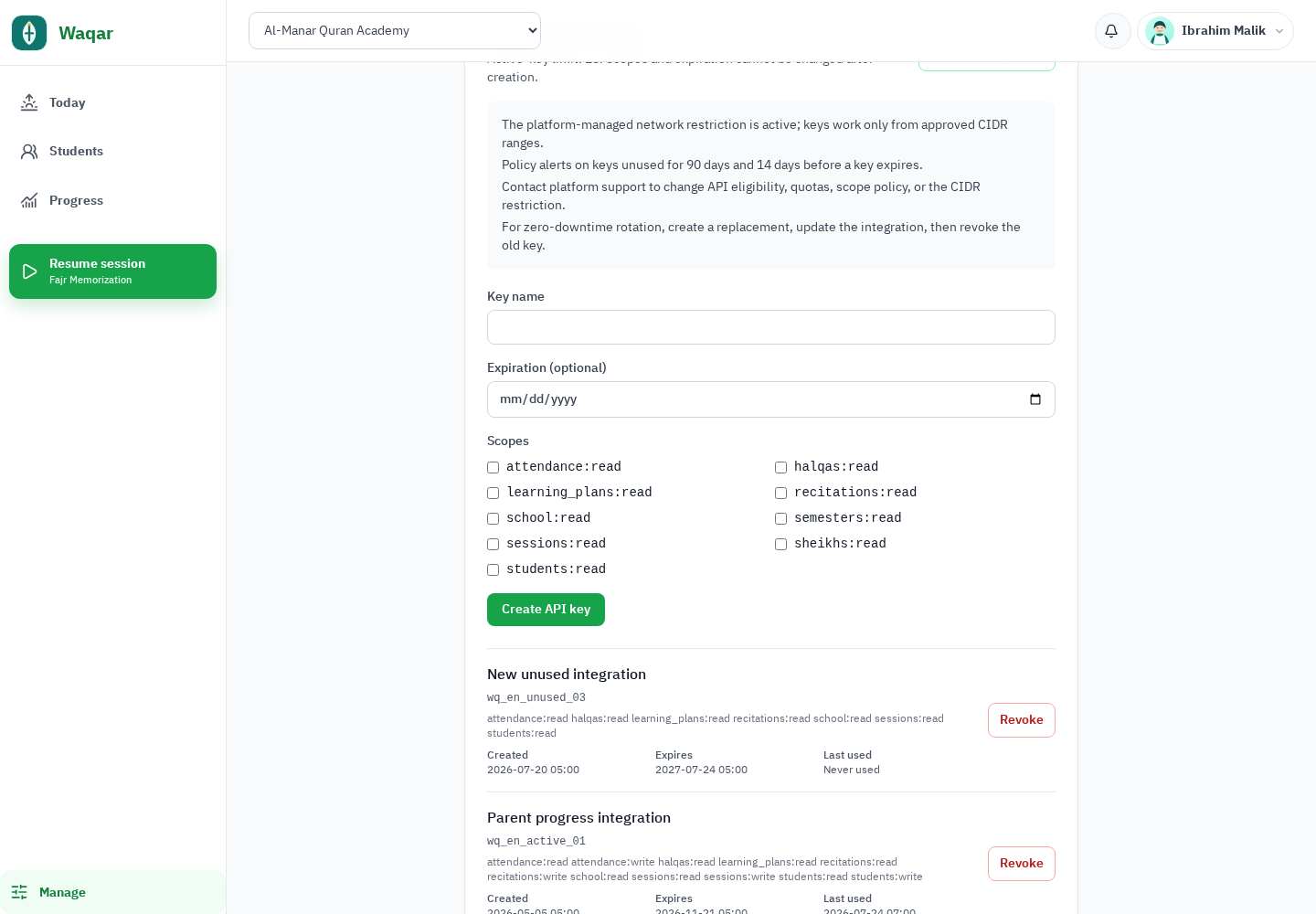 Waqar school API key management with scoped permissions and key lifecycle controls