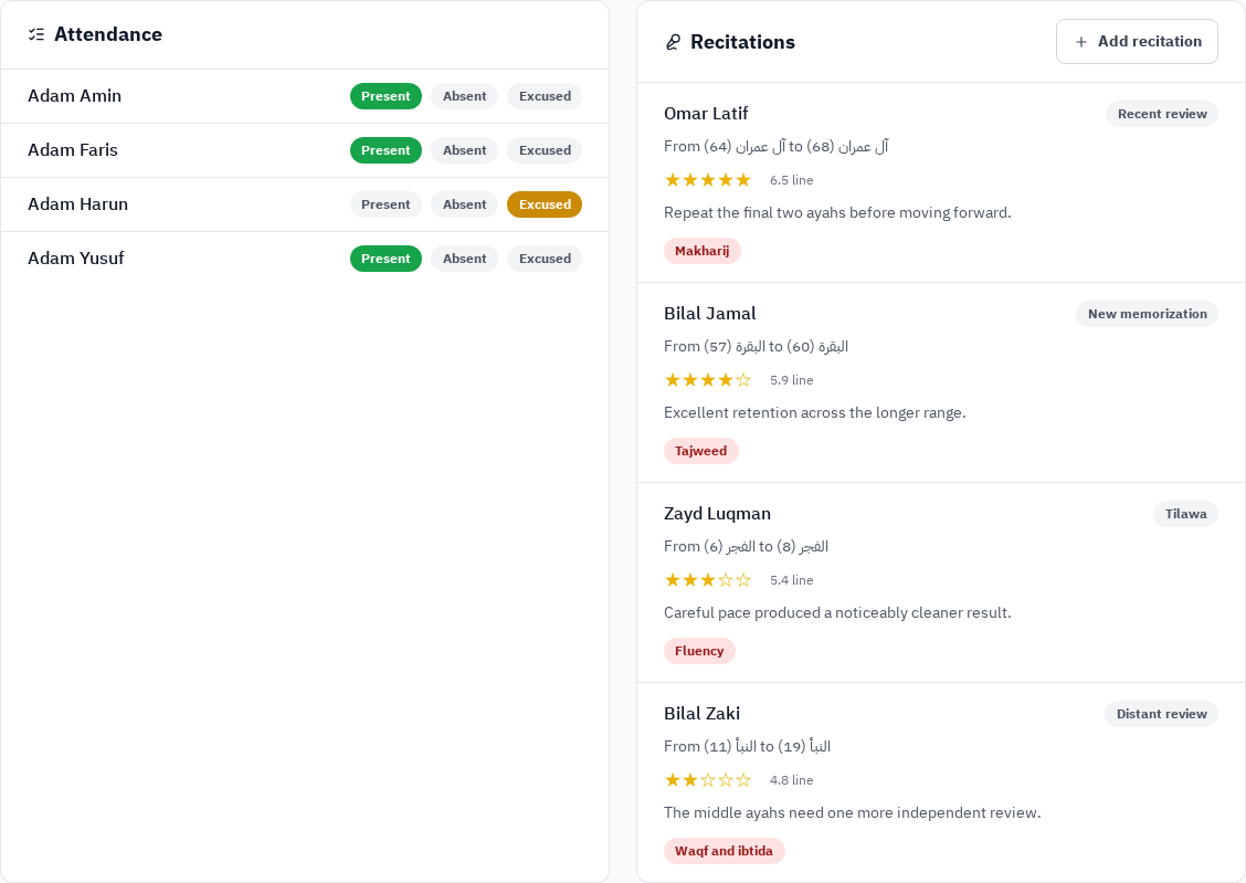 Waqar attendance and recitation workflow with recorded statuses, ratings, repeat work, and mistake tags
