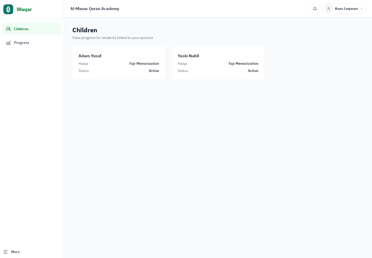 Waqar parent dashboard with multiple linked children and current Quran positions