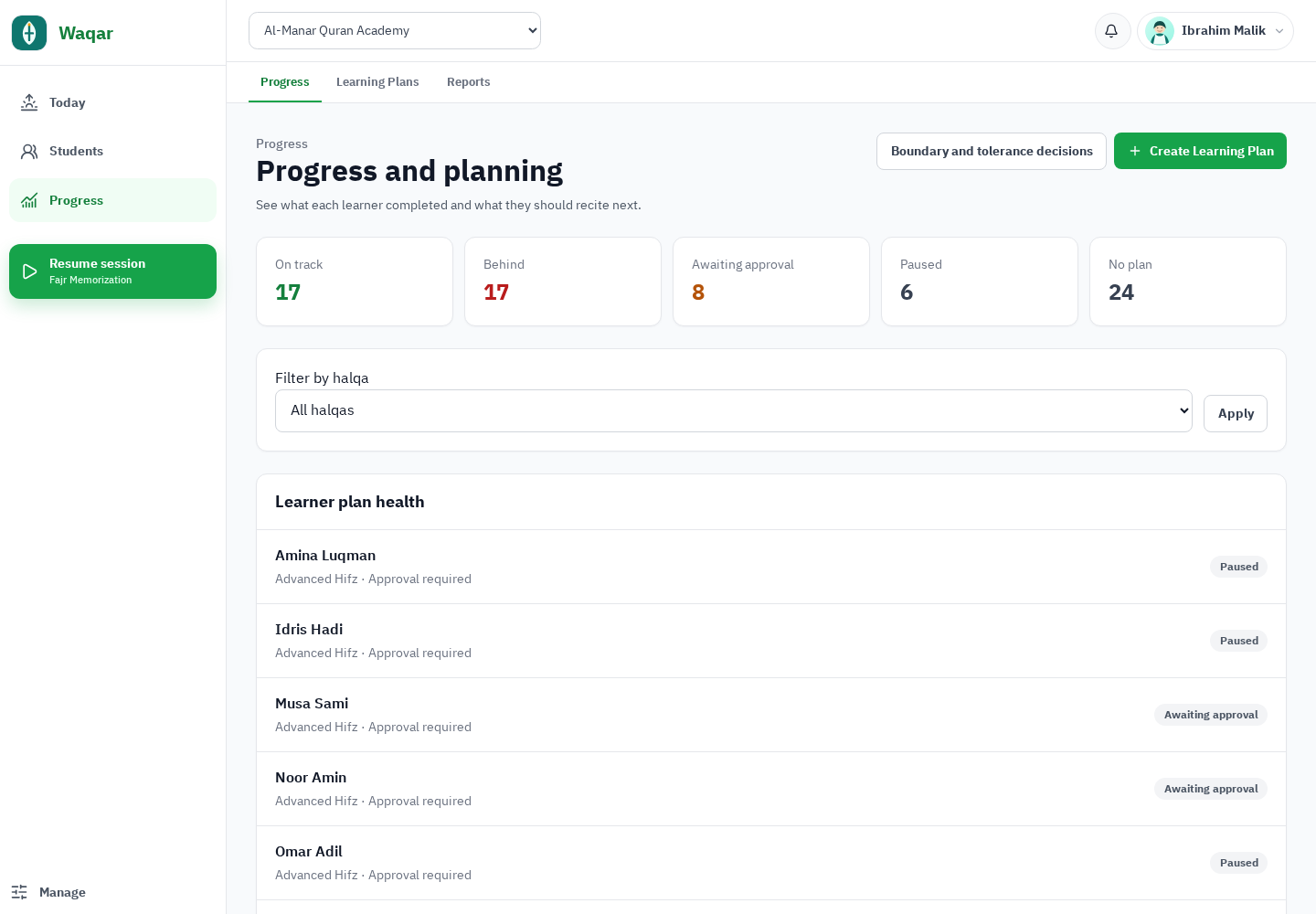 Waqar Complete Progress matrix showing on-track, behind, awaiting approval, paused, and no-plan states